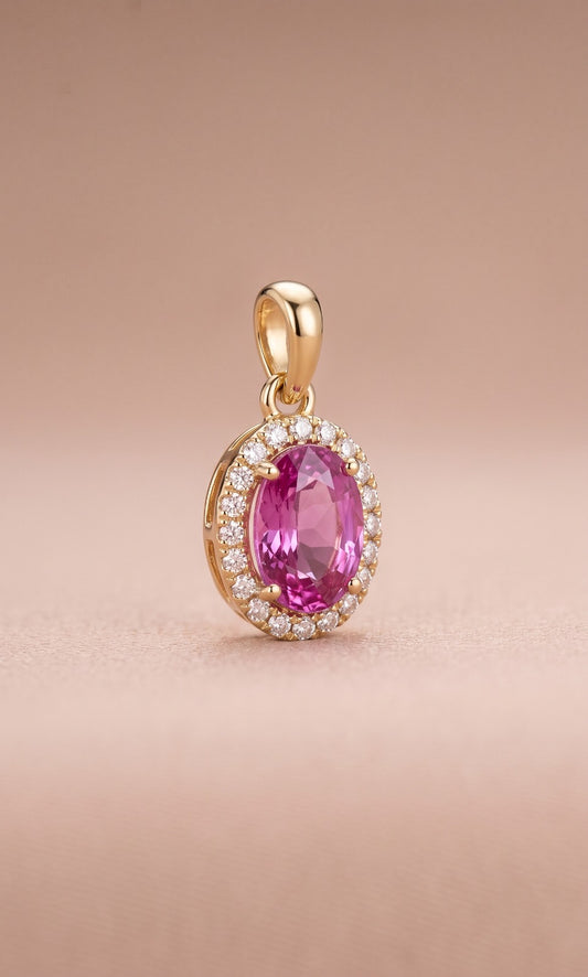 Oval Cut Pink Sapphire with Diamond Halo Ring