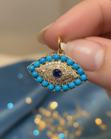 Turquoise and Blue Sapphire with Diamond Evil Eye Pendant