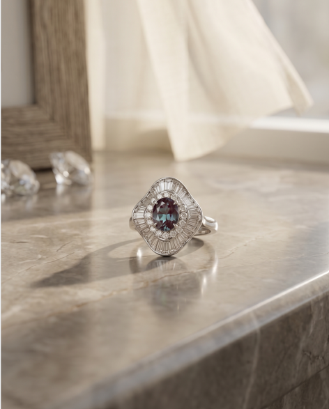 Color-changing Oval Cut Alexandrite and Baguette Cut White Dia Halo Ring