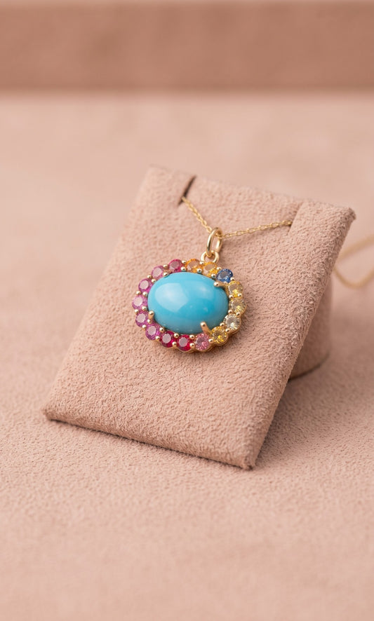 EW Oval Sleeping Beauty Turquoise with Multi Sapphire Pendant